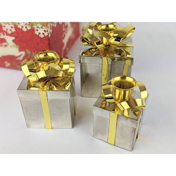 Set of 3 Vtg Silver Gold Taper Candle Holders Gift Boxes Christmas Holiday Decor - Picture 4 of 9